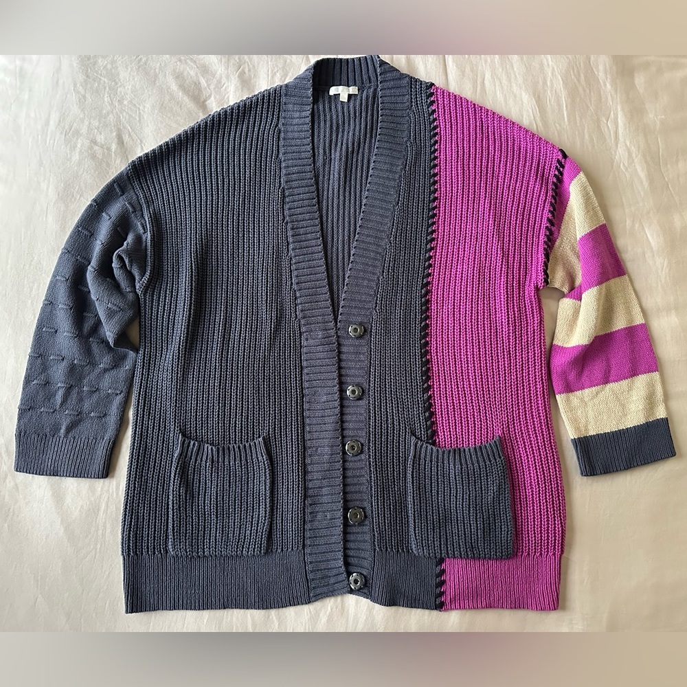 Lisa Todd Colorblock Cardigan Sweater XL Cotton Knit
